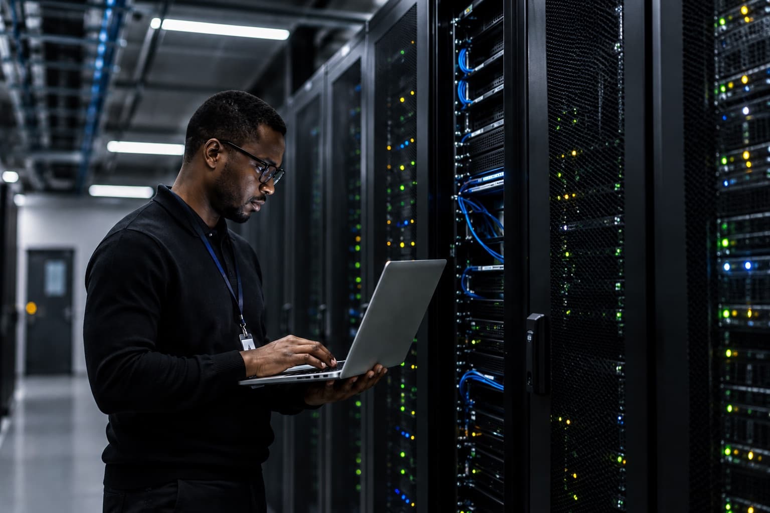 An engineer working on a laptop beside a row of server racks